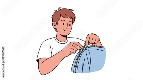 Focused Young Person Zipping Up a Garment or Bag, Engaging in a Detailed Manual Task, Depicting Practicality and Everyday Actions