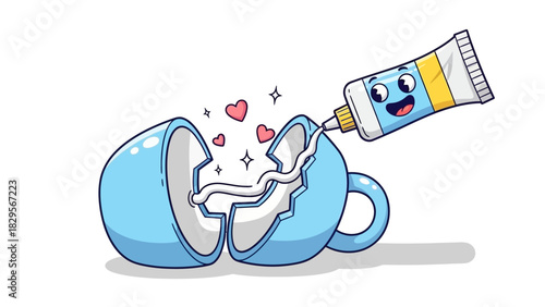 A light blue ceramic cup is being repaired with white glue by a tube of glue with a smiling face, symbolizing creativity and love