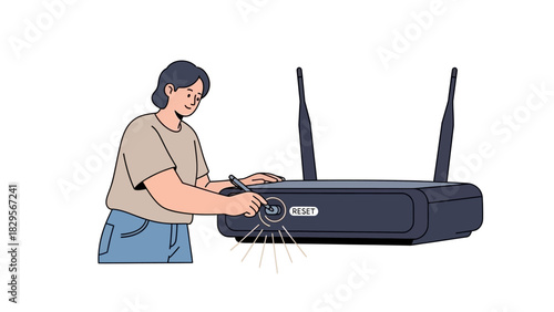 Dedicated individual managing network device, illustrating hands-on setup or troubleshooting of a modern wireless router for optimal performance