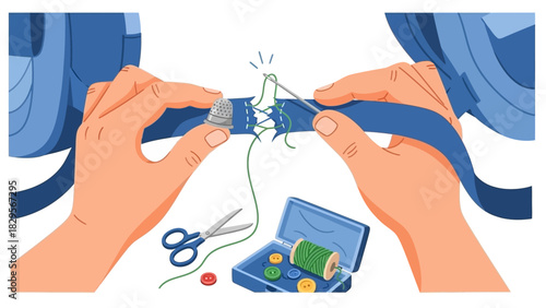 Mending Fabric Hands Sewing Torn Strap with Needle and Thread
