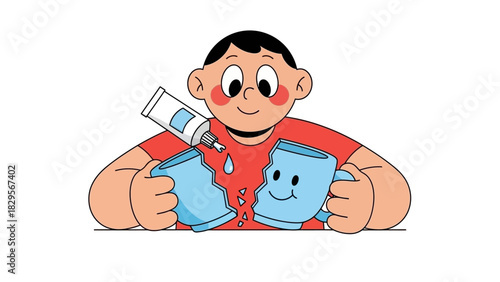 A young man carefully applies adhesive to mend a broken ceramic cup with a smiling face