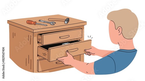 Man Opening a Wooden Drawer with Tools on Top Finding and Searching for Objects