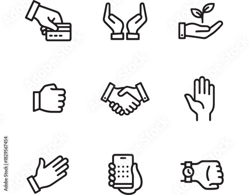a collection of line art hand icons depicting giving receiving caring support and technology on transparent background silhouette high quality professional detailed modern elegant stylish clean