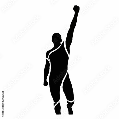 Silhouette of a triumphant athlete raising his arm in victory.