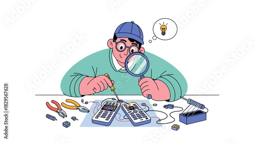 A focused technician with a magnifying glass and soldering iron meticulously repairs a complex electronic device on his workbench