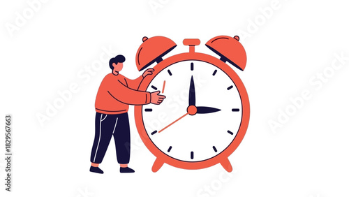 A person efficiently manages a schedule by adjusting the hands on a giant alarm clock, representing time control and deadlines