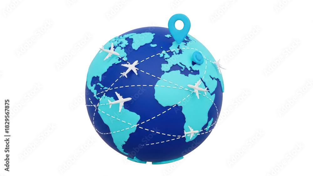 Naklejka premium 3d globe with airplane routes and location pin symbolizing global travel and international flight connection isolated on transparent background