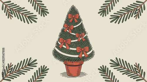 A christmas tree in a pot decorated with red bows and garland surrounded by fir branches on beige background