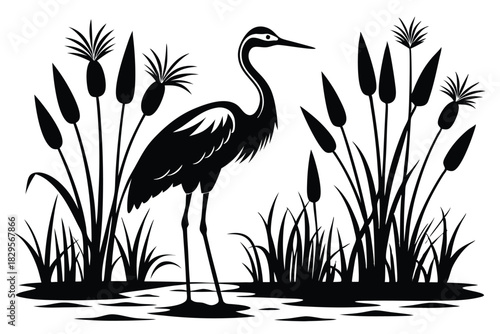Elegant heron stands amidst cattails in silhouette, adding a touch of nature's grace