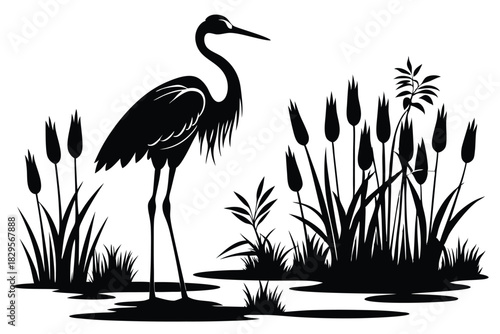 A black heron silhouette stands amongst cattails and wetland plants, creating a wildlife scene