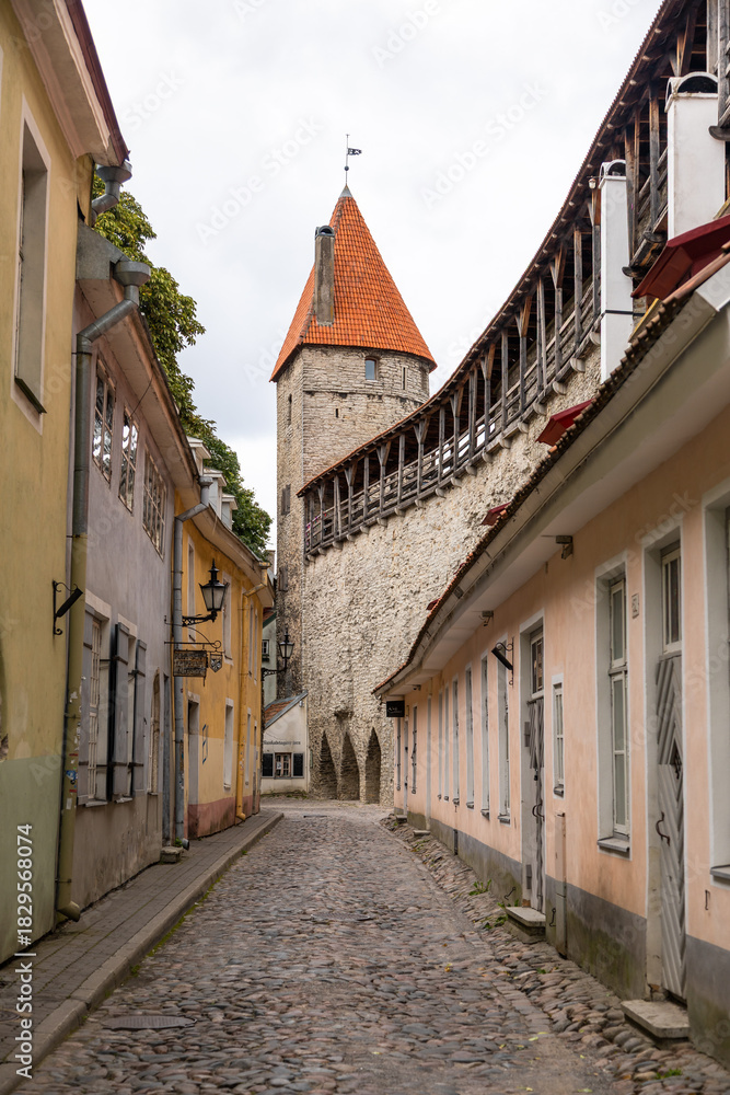 Fototapeta premium Medieval Tallinn wall and tower on a narrow cobblestone street, Estonia.