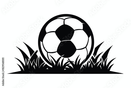 In black and white image, a soccer ball rests amidst dense, tall grass