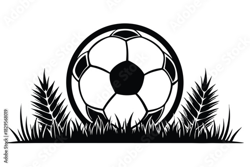 Black and white soccer ball rests amidst grass silhouette, displaying simplicity