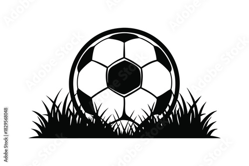 A black soccer ball sits partially hidden within a patch of stylized black grass