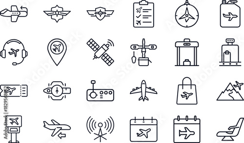 Aviation and Airplane Line Icons Set – Flight Travel Symbols, Airport Elements, Aircraft Outline Collection, Airline Transport and Navigation Vector Pack