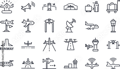 Aviation and Airplane Line Icons Set – Flight Travel Symbols, Airport Elements, Aircraft Outline Collection, Airline Transport and Navigation Vector Pack