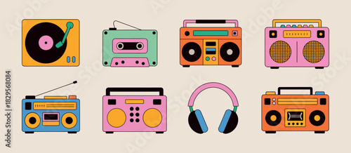 Retro music devices collection colorful vector illustration