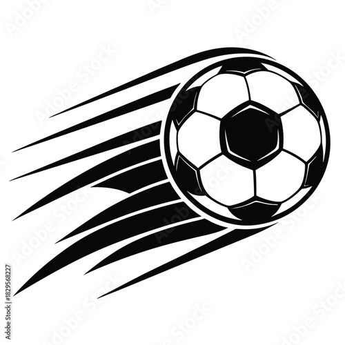 Dynamic monochrome soccer ball hurtles forward, leaving a trail of speed lines for impact