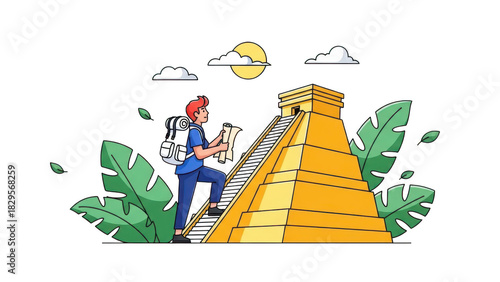 Young male tourist with backpack climbing ancient mayan pyramid structure, isolated on transparent background