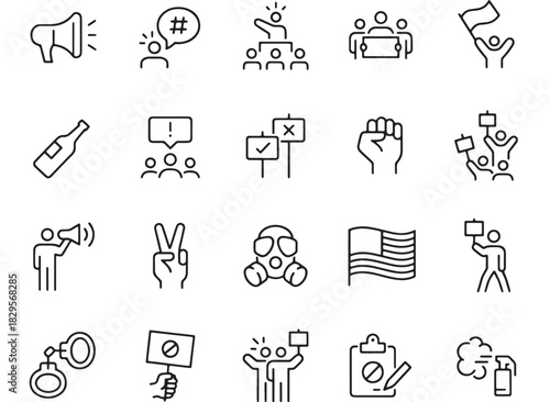 a collection of diverse protest and activism themed line icons including megaphones flags and raised fists on transparent background silhouette high quality professional detailed modern elegant
