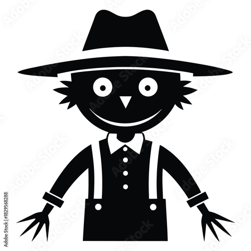Whimsical smiling scarecrow with a hat and suspenders is illustrated in silhouette form