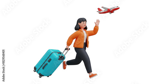 3d character woman running late for flight with blue rolling suitcase waving at airplane isolated on transparent background