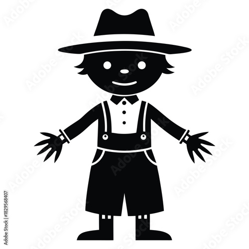 Black silhouette man wearing hat and overalls stands smiling with arms open wide