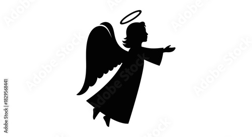 Silhouette of an angel with wings and halo reaching out with open arms.
