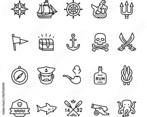 a collection of nautical themed line art icons including a ship compass treasure chest and pirate symbols on transparent background silhouette high quality professional detailed modern