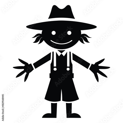 Black silhouette of a happy scarecrow with hat and overalls stretches out its arms