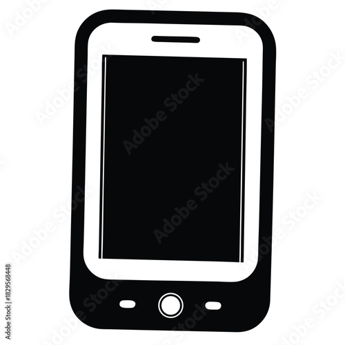 A minimalist black and white drawing shows a smartphone with a darkened screen and rounded edges