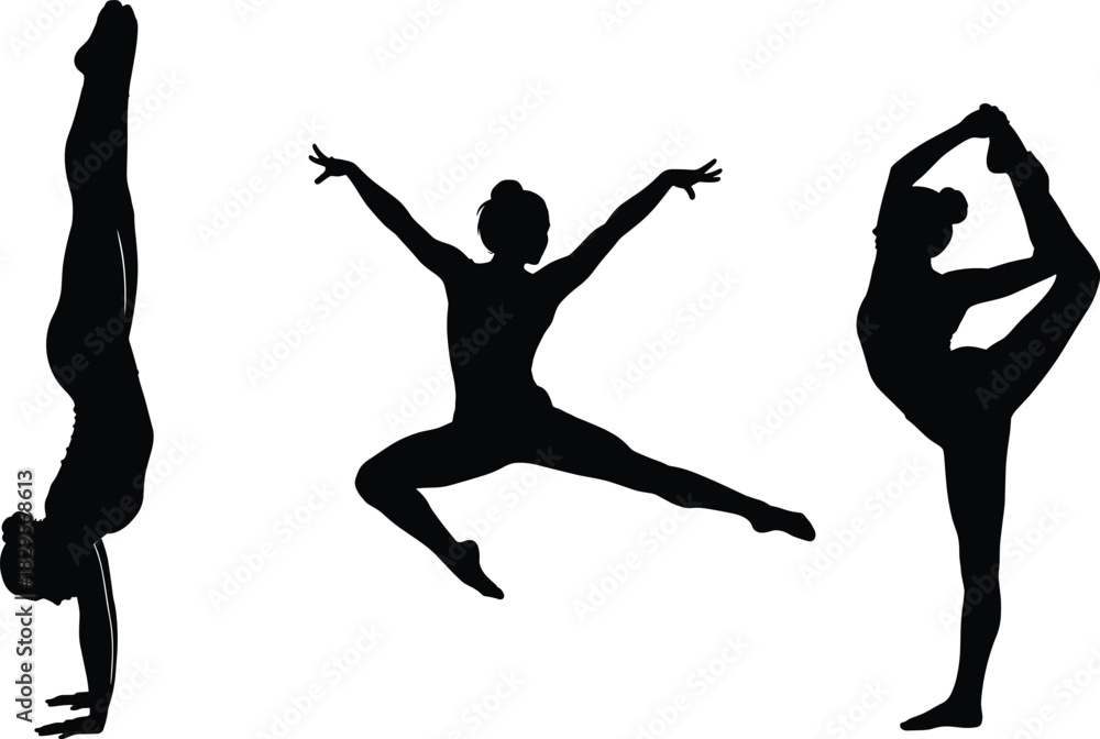 Fototapeta premium Gymnastics and dance silhouette trio—vector of handstand, mid-air leap, and high leg stretch pose