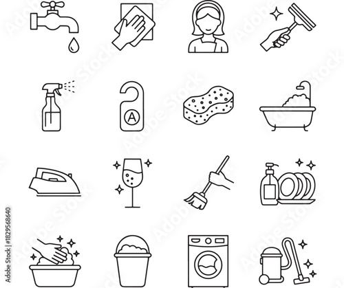 a collection of minimalist line art icons depicting various cleaning tools and household chores perfect for design projects on transparent background silhouette high quality professional detailed