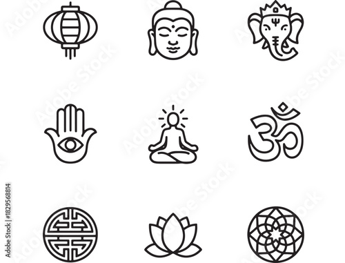 a collection of nine elegant line art icons depicting eastern religious and cultural symbols on transparent background silhouette high quality professional detailed modern stylish clean crisp