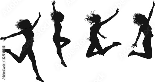 Jumping silhouette pack—vector of four dynamic mid-air poses with extended limbs and flowing hair