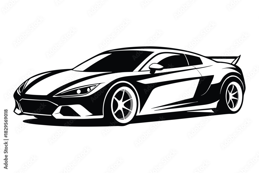 Naklejka premium Monochrome depicts a sleek sportscar with spoiler and detailed wheel rims