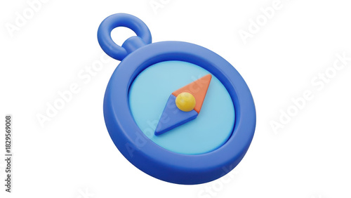 3d rendering of a cute blue compass icon with an orange needle pointing north, isolated on transparent background