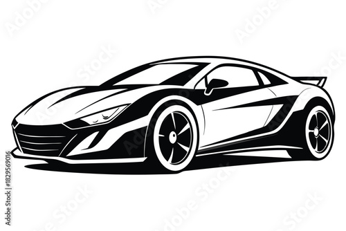 Striking monochrome exotic automobile exhibits bold lines, defined spoiler, and meticulously detailed wheel design