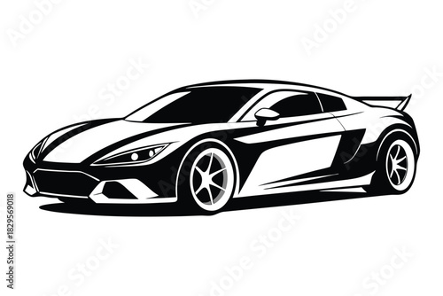 Monochrome depicts a sleek sportscar with spoiler and detailed wheel rims