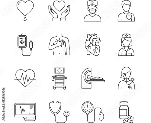 a collection of medical icons including hearts doctors medical equipment and body parts all in a linear style on transparent background silhouette high quality professional detailed