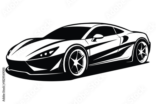 Sleek sports car showcases an elegant silhouette with smooth lines in black and white