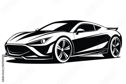 Monochrome streamline sports vehicle shows bold black and white contrast on a white backdrop