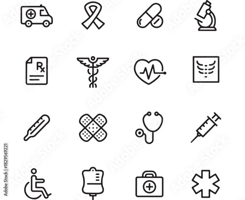 a collection of medical icons including an ambulance ribbon pills microscope prescription caduceus heartbeat brain thermometer bandage stethoscope syringe wheelchair and more on transparent background