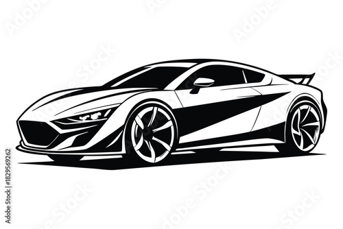 Sleek monochrome sports car showcases dynamic lines and aggressive styling on a white background