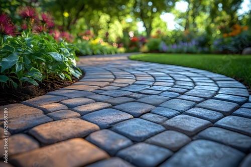 Curved garden pathway made of stone pavers surrounded by bright plants in sunlight