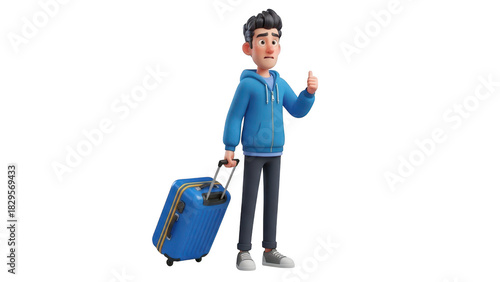 3d cartoon male character with dark hair wearing a blue hoodie and jeans pulling a blue rolling suitcase and giving a thumbs up gesture, isolated on transparent background
