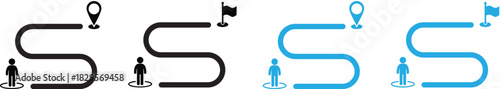 A set of route and navigation icons featuring a person at the starting point and a curved path leading toward a destination marker or flag
