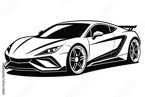 Sleek monochrome sports car showcases dynamic contours and sharp design elements in a bold outline