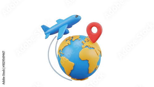 3d rendering of a blue airplane flying around a globe with a red location pin marking a destination, isolated on transparent background