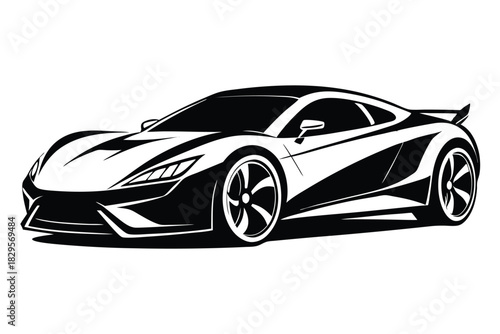 Striking black and white art presents a detailed sports car in motion